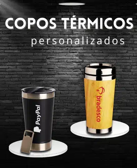 Copos Térmicos Personalizadas dentro de um banner principal da Huble Brindes Corporativos.