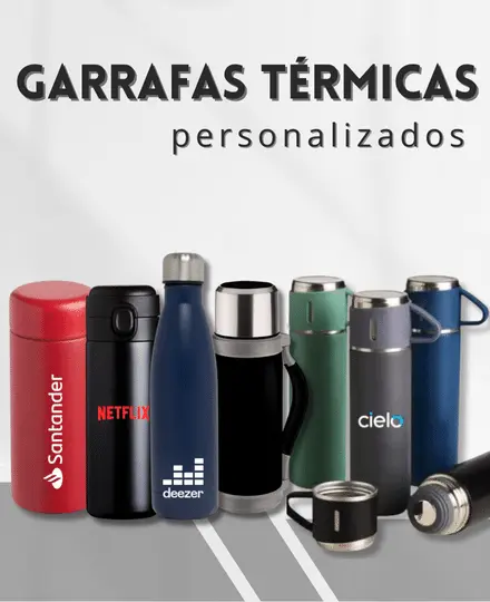 Garrafas Térmicas Personalizadas dentro de um banner principal da Huble Brindes Corporativos.