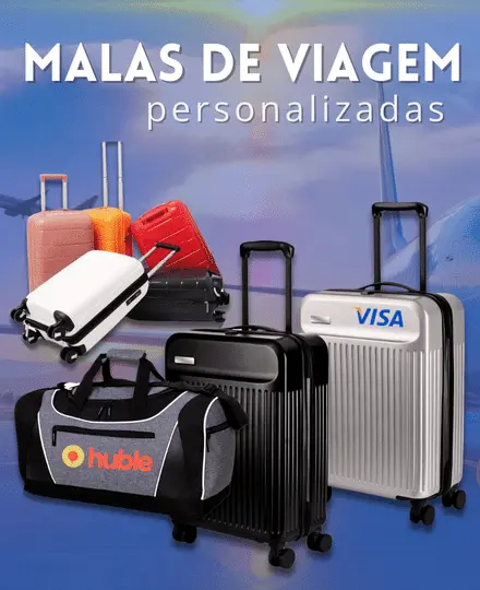 Malas de Viagem Personalizadas dentro de um banner principal da Huble Brindes Corporativos.