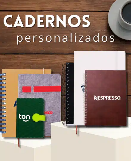 Cadernos Personalizados dentro de um banner principal da Huble Brindes Corporativos.