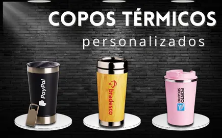 Copos Térmicos Personalizadas dentro de um banner principal da Huble Brindes Corporativos.