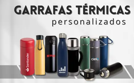 Garrafas Térmicas Personalizadas dentro de um banner principal da Huble Brindes Corporativos.