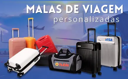 Malas de Viagem Personalizadas dentro de um banner principal da Huble Brindes Corporativos.