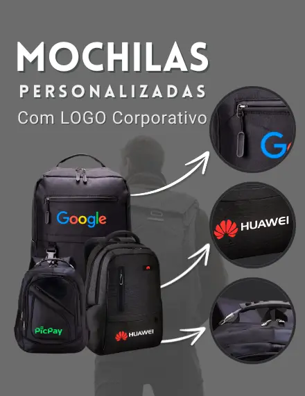 Mochilas Personalizadas dentro de um banner principal da Huble Brindes Corporativos.